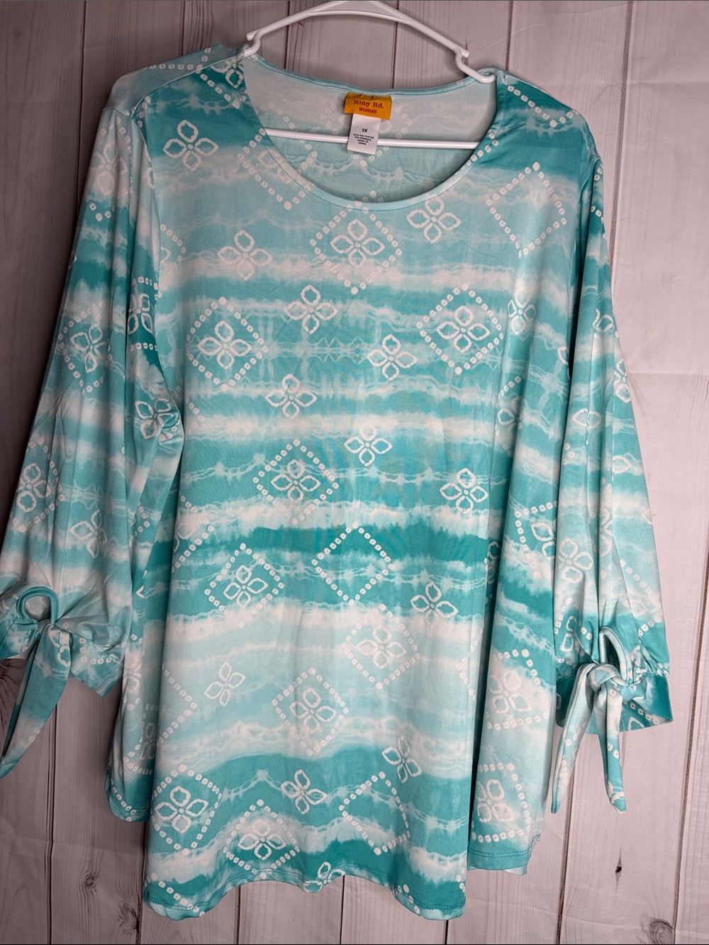 Ruby Rd. Aqua & White Tie-Sleeve Tunic Top 1x- 1186